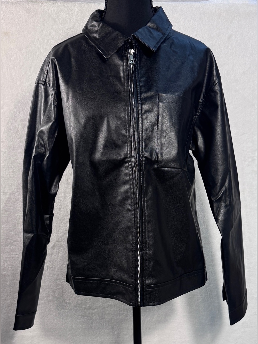 Black Faux Leather PU Jacket Women’s Small Zip Front Collared